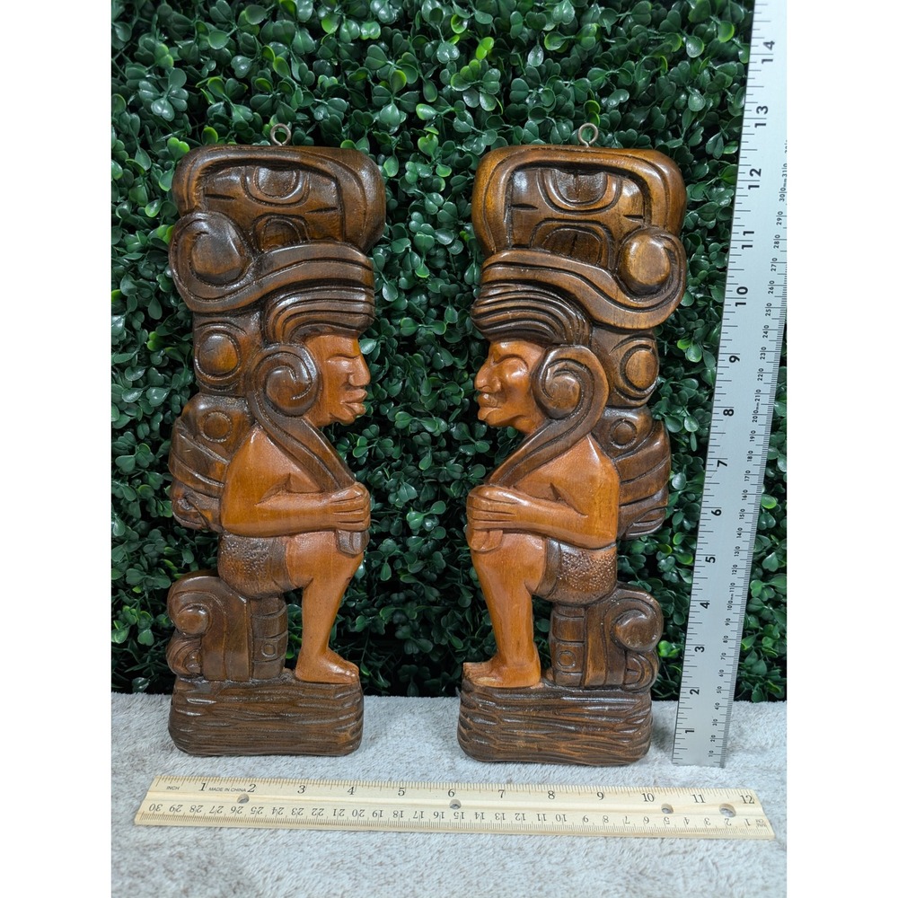 Vintage Mid Century Tiki Mayan Aztec Hand Carved Wood Wall Plaques Honduras Pair